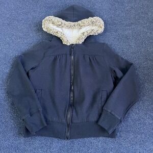 Y2K OP Jacket Girls Large 11/13 Black Faux Fur Lined Hood Zip Sweatshirt Hoodie